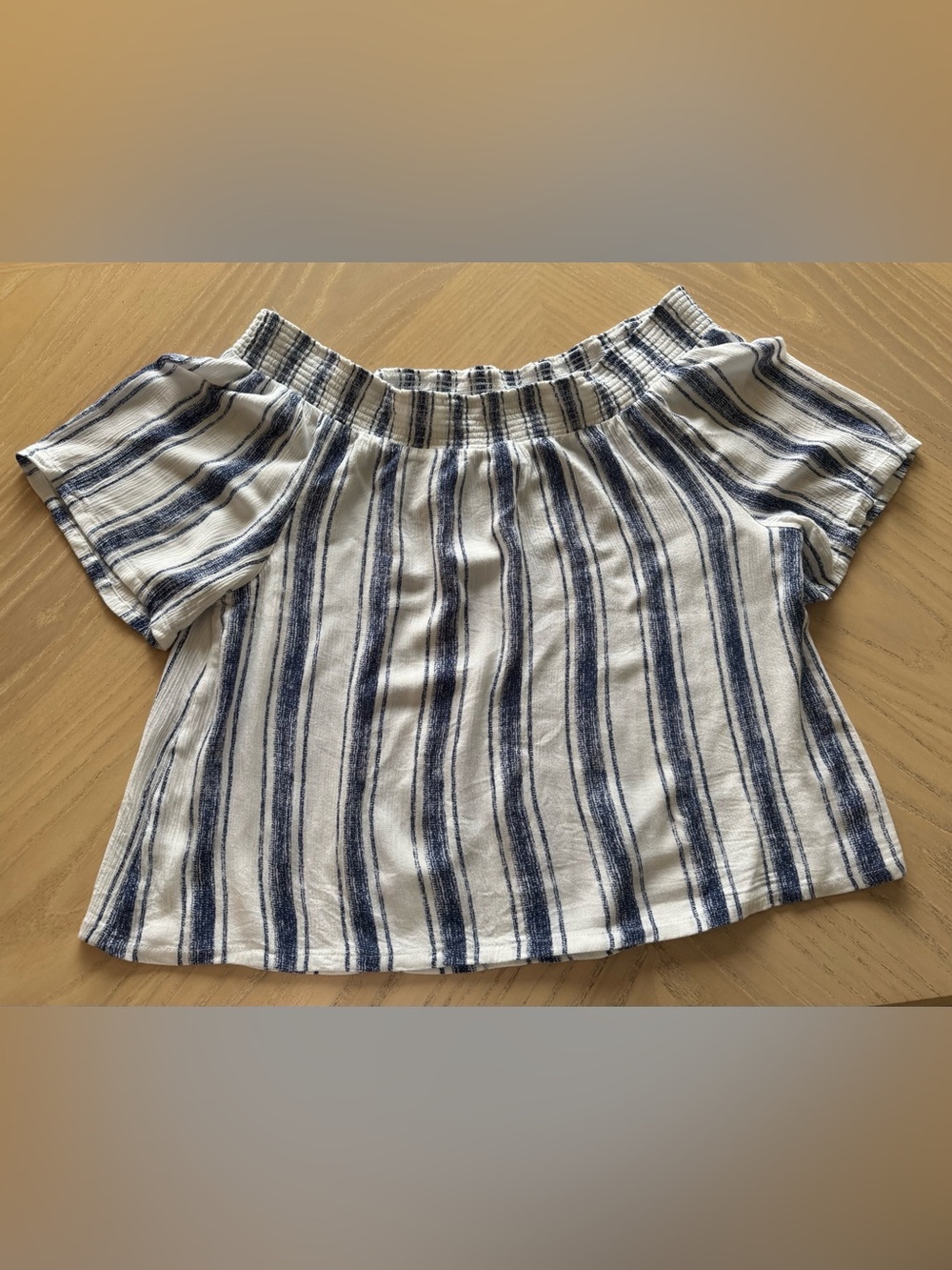 New York & Co. - White with Blue Stripes Off-The-Shoulder Crop Top / Size Large